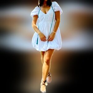 18 Centimeters Balloon/Puff Mini Dress Elastized Back Cotton Blend White Small